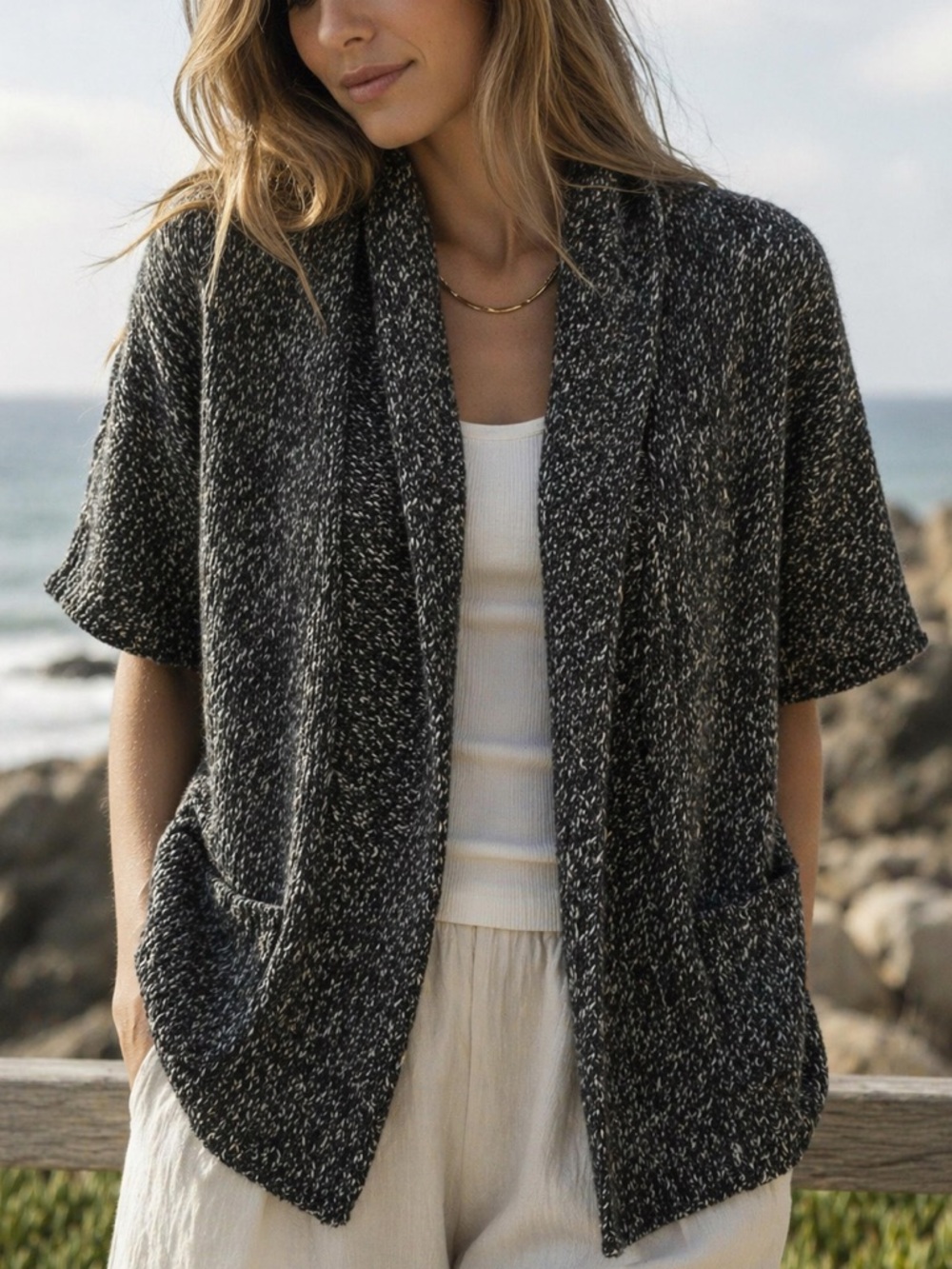 Theory Marled Knit Cardigan Short Sleeve Gray Cozy Lagenlook S/P - Picture 1 of 10